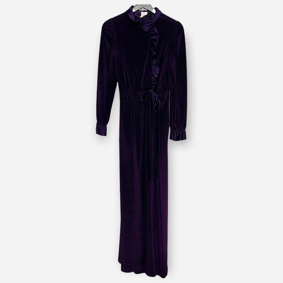 Vintage 80s Purple Satin Textured Velvet Long Robe Small